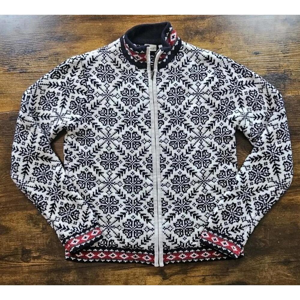 L.L. Bean Womens Nordic Fair Isle Cardigan Sweater Snowflake Full Zip Small Reg